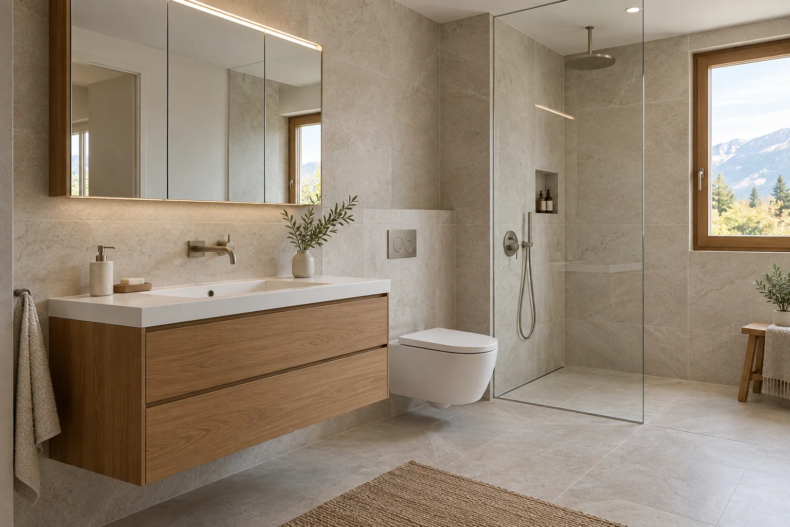 Arredo bagno con mobile sospeso in legno, specchio e sanitari coordinati