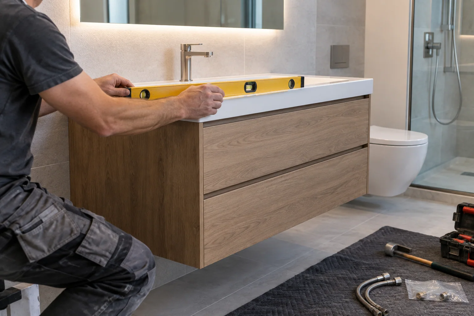 Installatore mette in bolla un mobile bagno sospeso