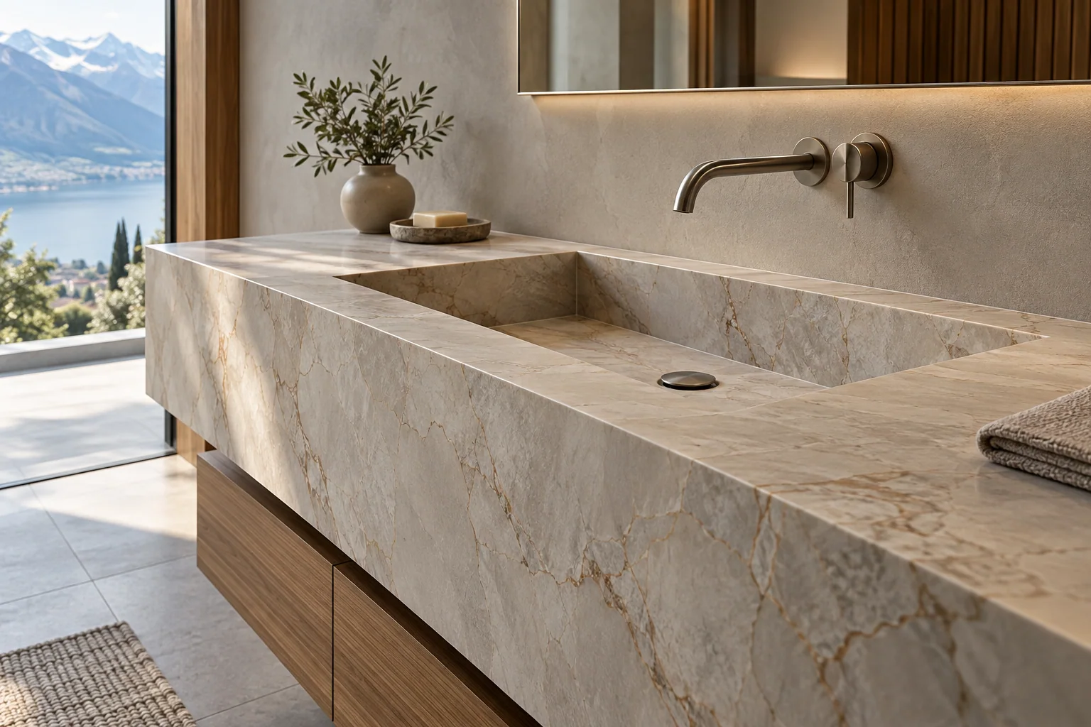 Lavabo integrato realizzato su misura in ceramica effetto pietra