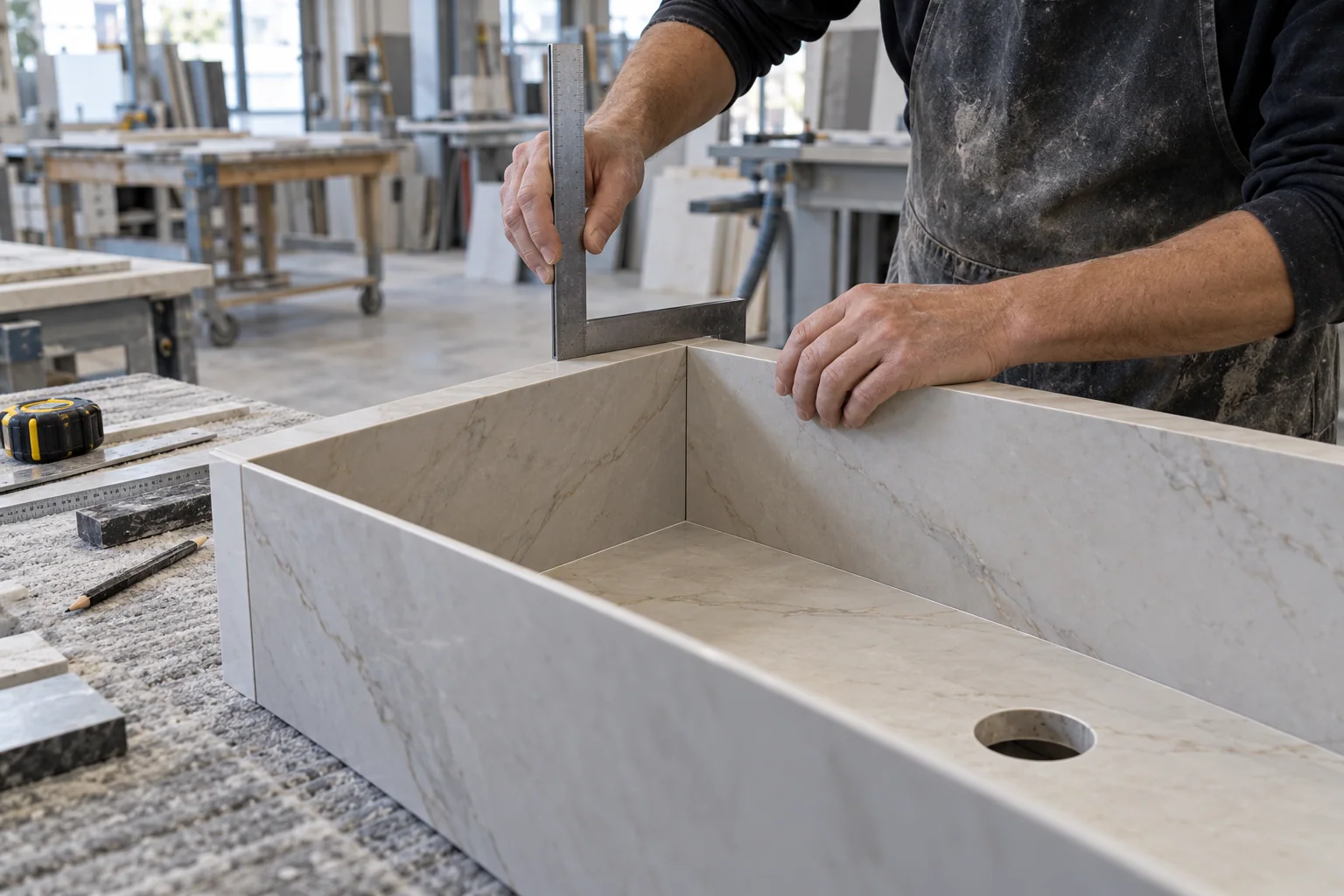 Artigiano verifica gli angoli di un lavabo in ceramica su misura