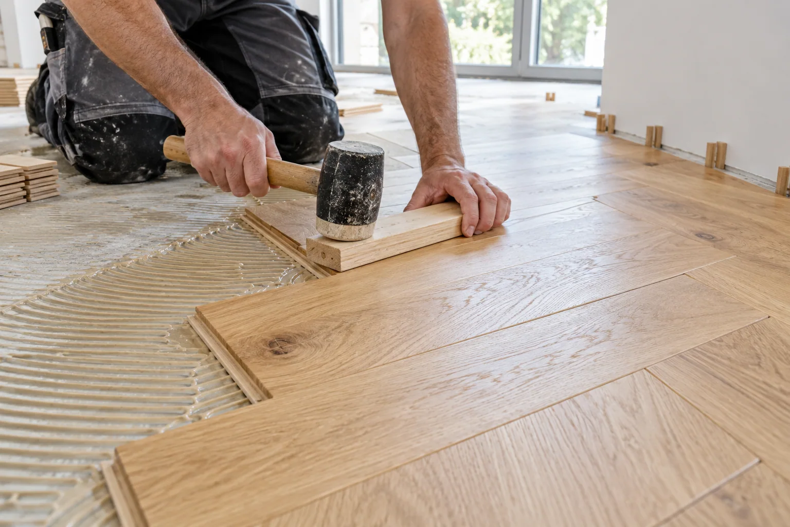 Posatore installa listoni di parquet in rovere