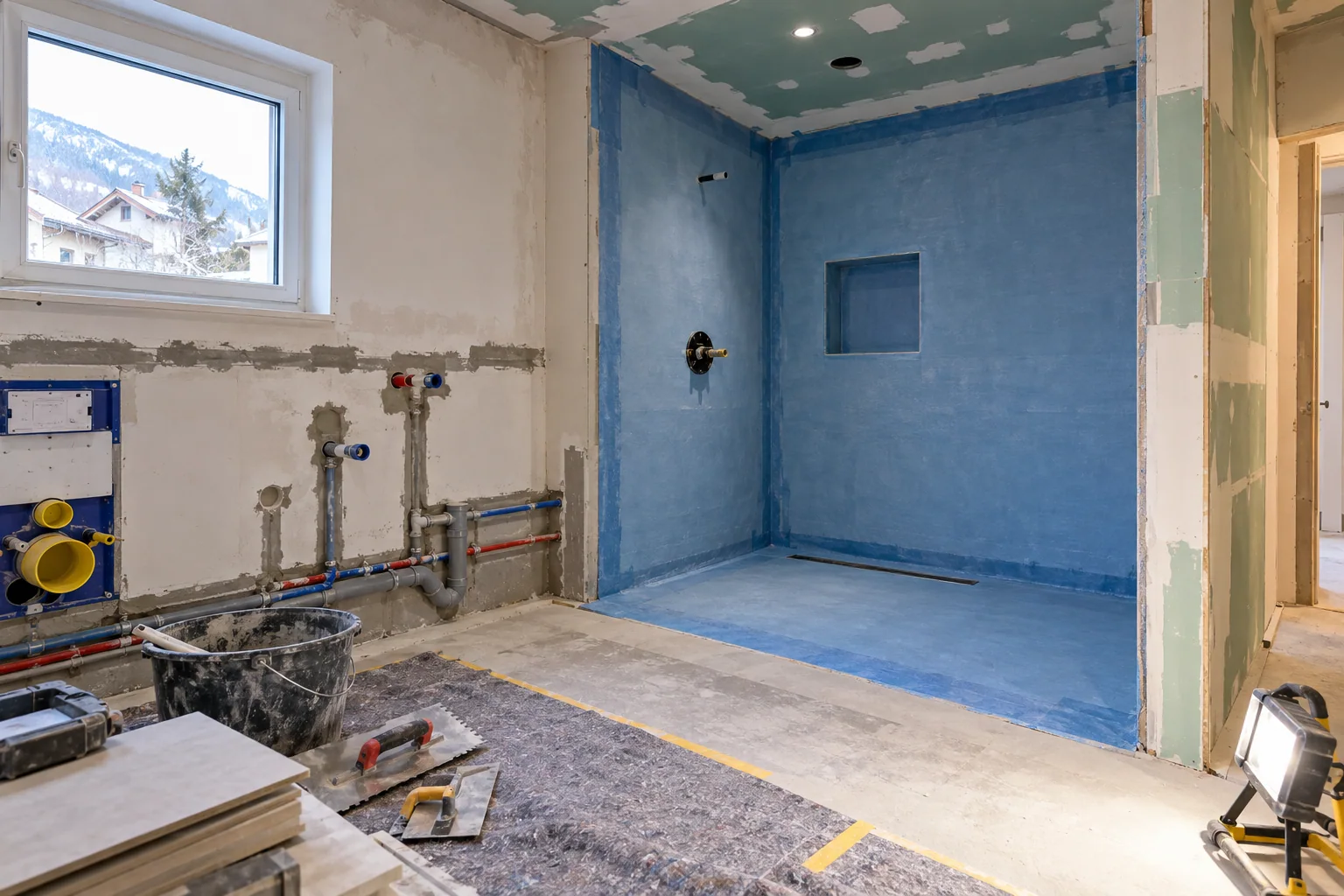 Bagno in ristrutturazione con doccia impermeabilizzata e nuovi impianti