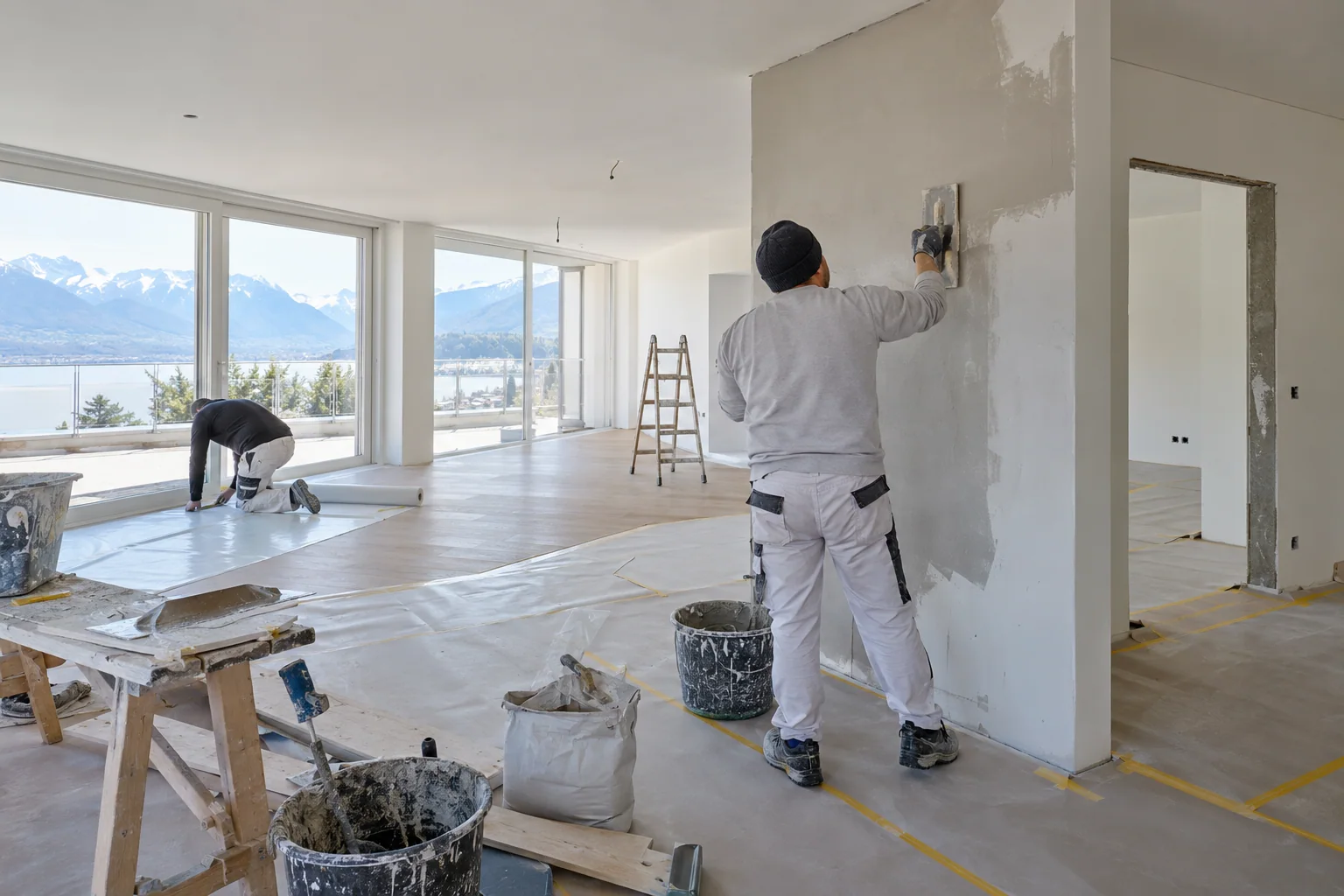 Professionisti al lavoro sulle finiture di un appartamento